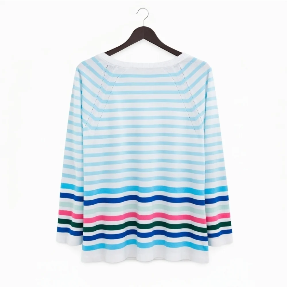 Talbots White Striped Vneck Pullover Sweater Petite Sz Lg